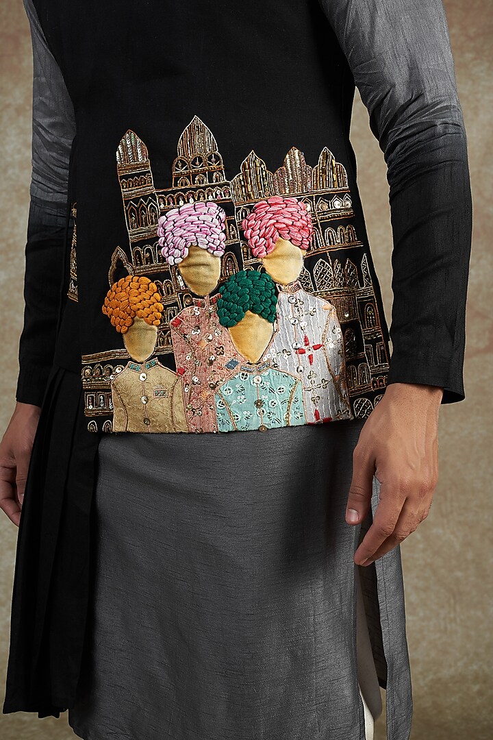 Black Silk Embroidered Wedding Bandhgala Jacket With Kurta Set by JAMA ART OF DRESSING at Pernia's Pop Up Shop