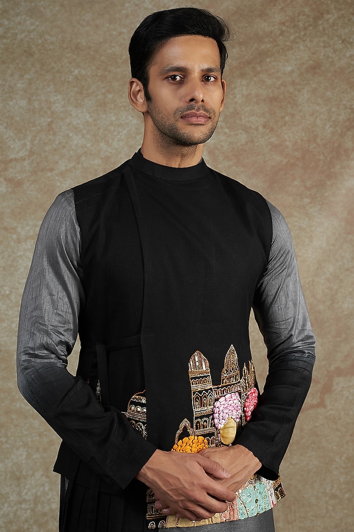 Black Silk Embroidered Wedding Bandhgala Jacket With Kurta Set by JAMA ART OF DRESSING at Pernia's Pop Up Shop