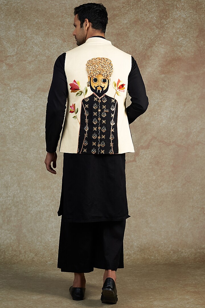 Black & White Embroidered Jacket With Kurta Set by JAMA ART OF DRESSING at Pernia's Pop Up Shop