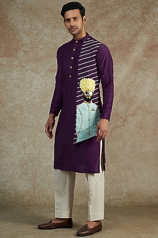 Purple Satin Hand Painted & Embroidered Kurta Set by JAMA ART OF DRESSING