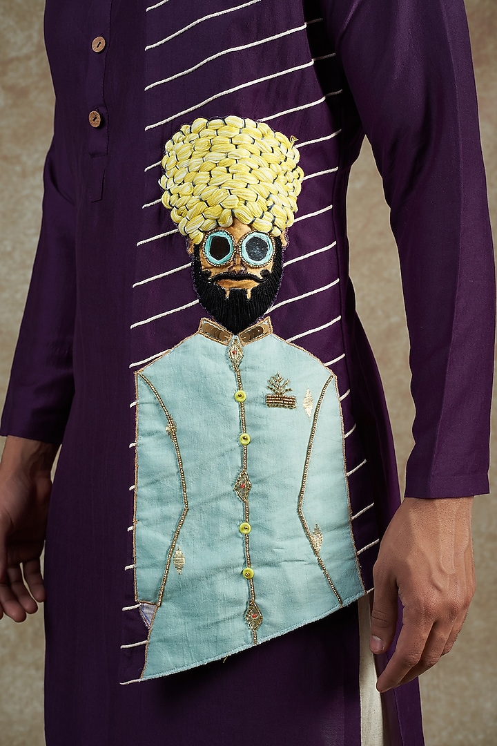Purple Satin Hand Painted & Embroidered Kurta Set by JAMA ART OF DRESSING at Pernia's Pop Up Shop