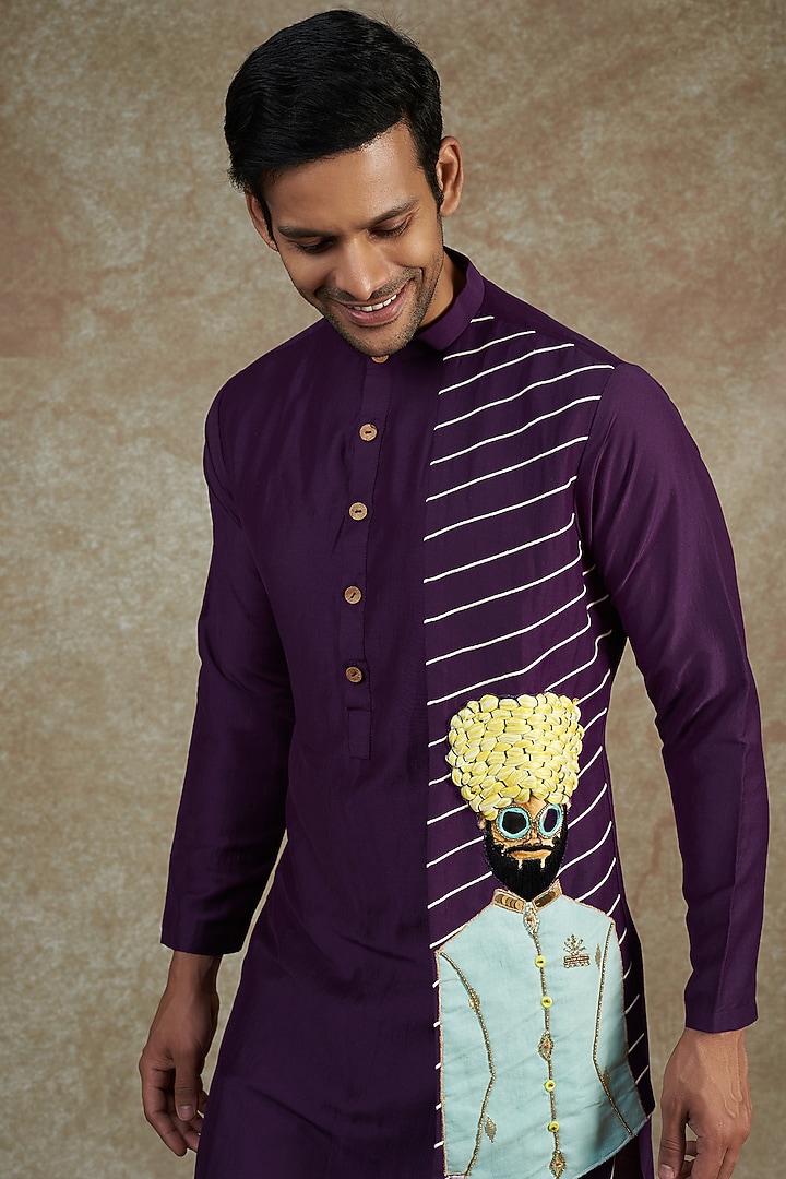 Purple Satin Hand Painted & Embroidered Kurta Set by JAMA ART OF DRESSING at Pernia's Pop Up Shop