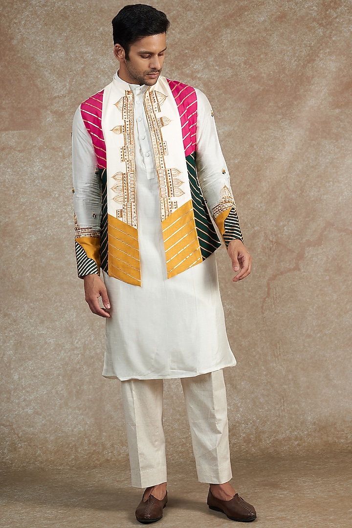 Multi-Colored Flat Raw Silk Cutdana Embroidered Nehru Jacket Set by JAMA ART OF DRESSING