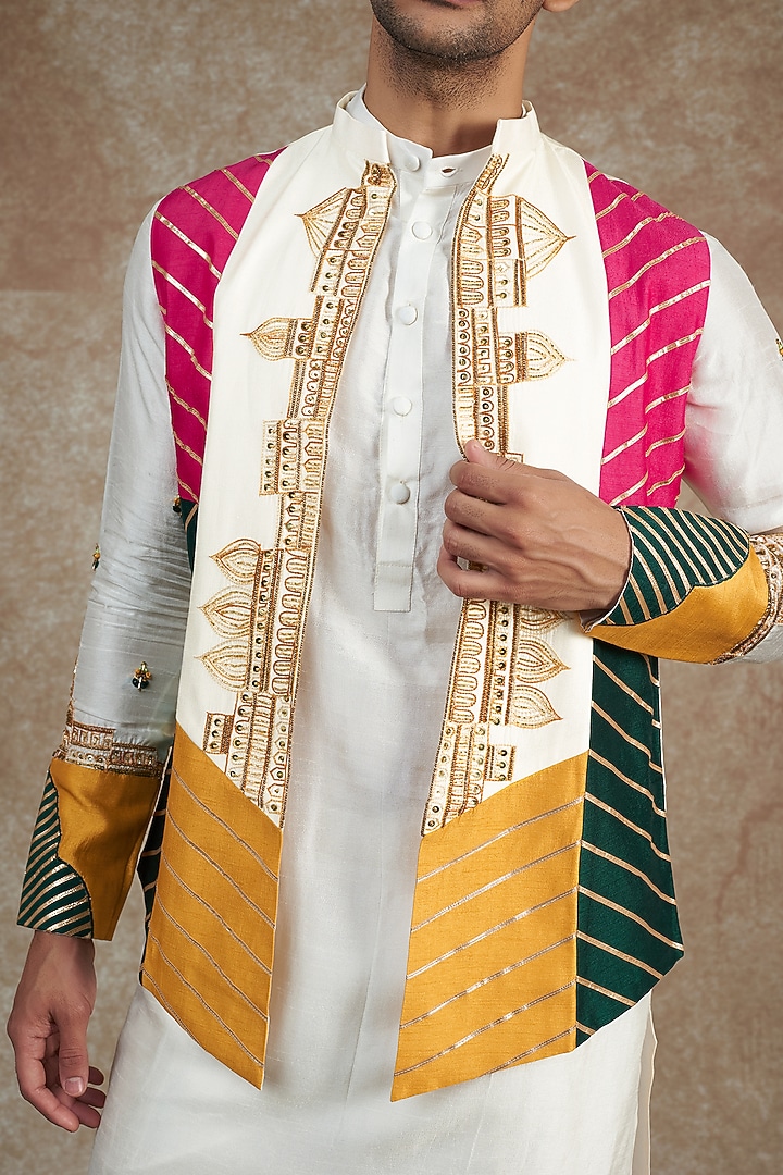 Multi-Colored Flat Raw Silk Cutdana Embroidered Nehru Jacket Set by JAMA ART OF DRESSING at Pernia's Pop Up Shop