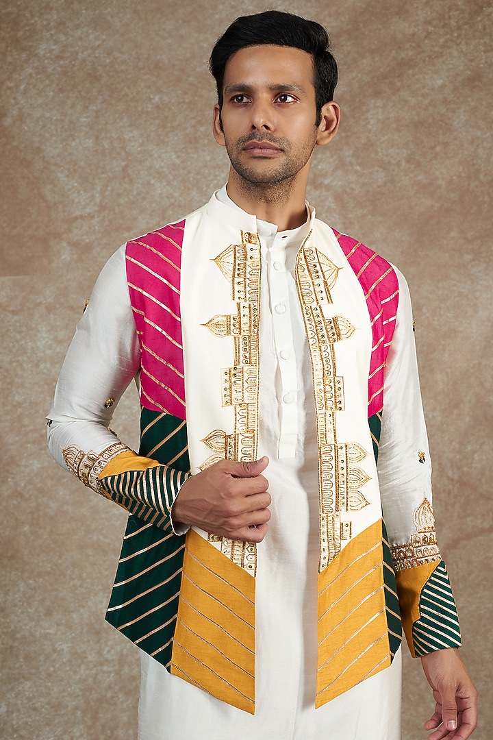 Multi-Colored Flat Raw Silk Cutdana Embroidered Nehru Jacket Set by JAMA ART OF DRESSING at Pernia's Pop Up Shop