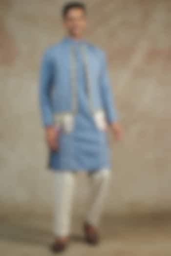 Blue Khadi Cotton Embroidered Jacket With Kurta Set by JAMA ART OF DRESSING