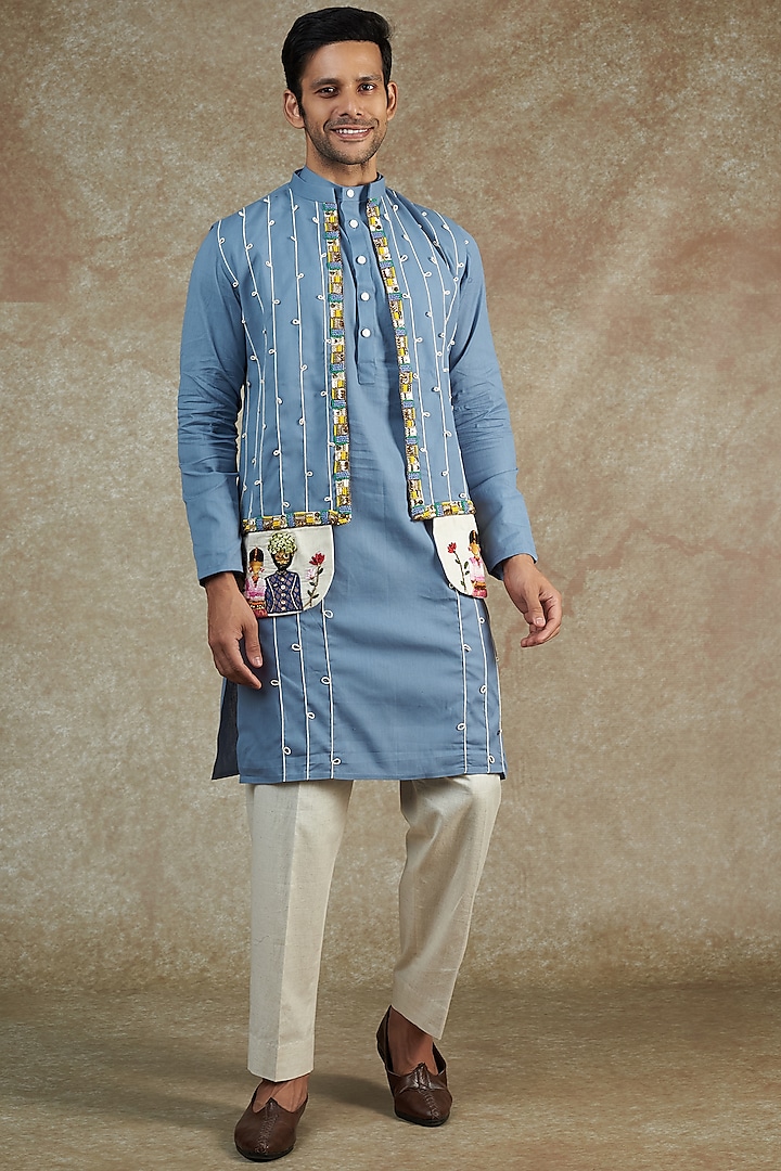 Blue Khadi Cotton Embroidered Jacket With Kurta Set by JAMA ART OF DRESSING