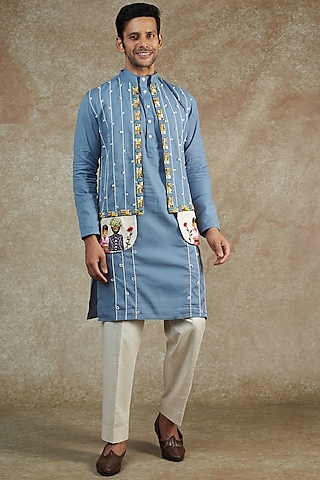 Blue Khadi Cotton Embroidered Jacket With Kurta Set by JAMA ART OF DRESSING