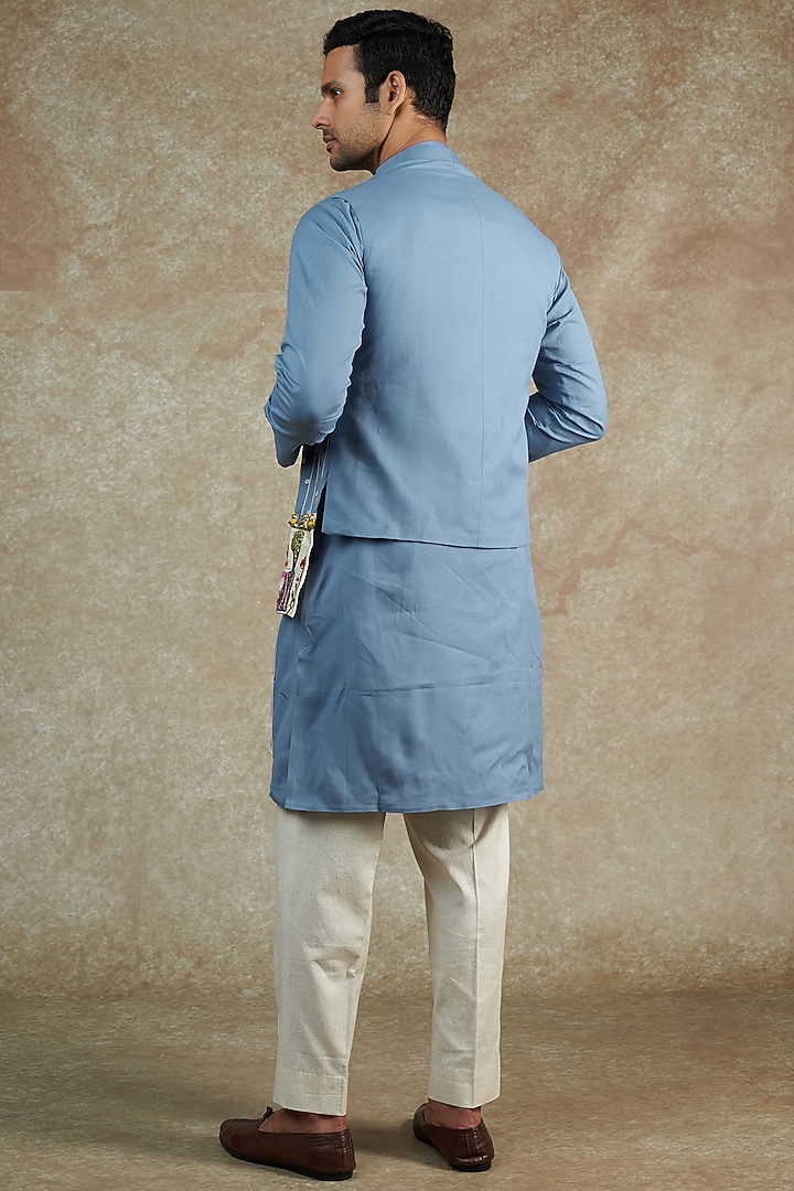 Blue Khadi Cotton Embroidered Jacket With Kurta Set by JAMA ART OF DRESSING at Pernia's Pop Up Shop