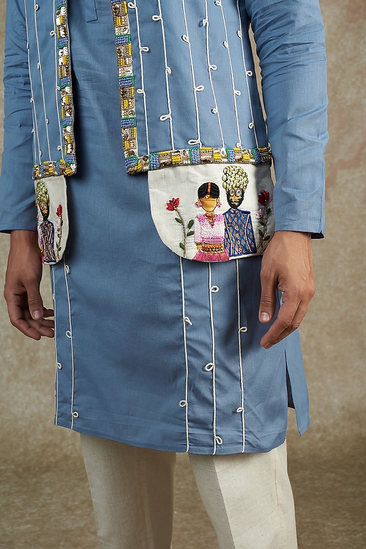 Blue Khadi Cotton Embroidered Jacket With Kurta Set by JAMA ART OF DRESSING at Pernia's Pop Up Shop