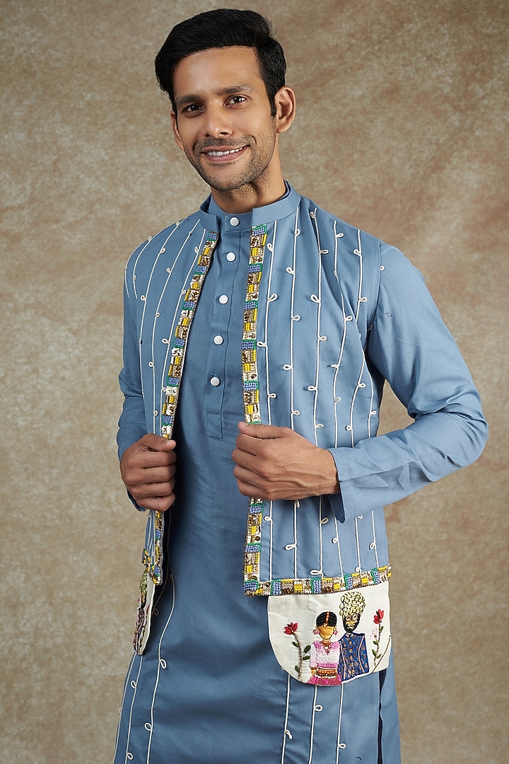 Blue Khadi Cotton Embroidered Jacket With Kurta Set by JAMA ART OF DRESSING at Pernia's Pop Up Shop