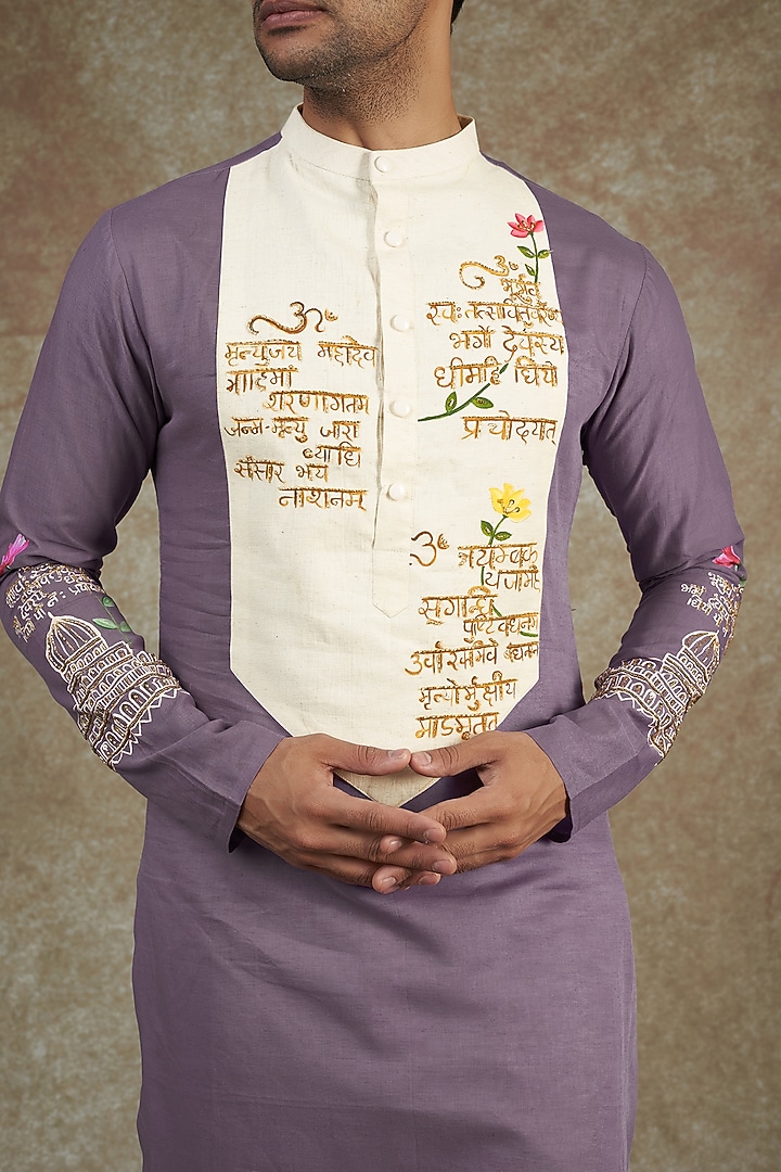 Purple Cotton Embroidered & Hand Painted Kurta Set by JAMA ART OF DRESSING at Pernia's Pop Up Shop