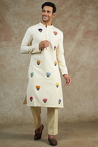Ivory Khadi Cotton Hand Painted & Embroidered Kurta Set by JAMA ART OF DRESSING