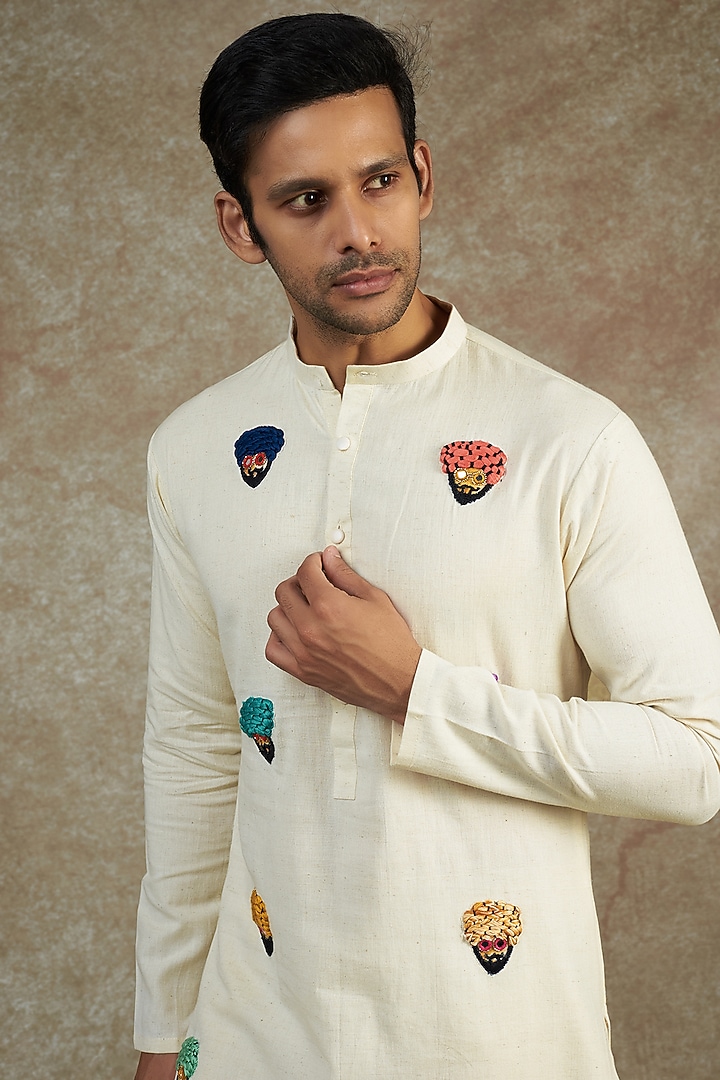 Ivory Khadi Cotton Hand Painted & Embroidered Kurta Set by JAMA ART OF DRESSING at Pernia's Pop Up Shop