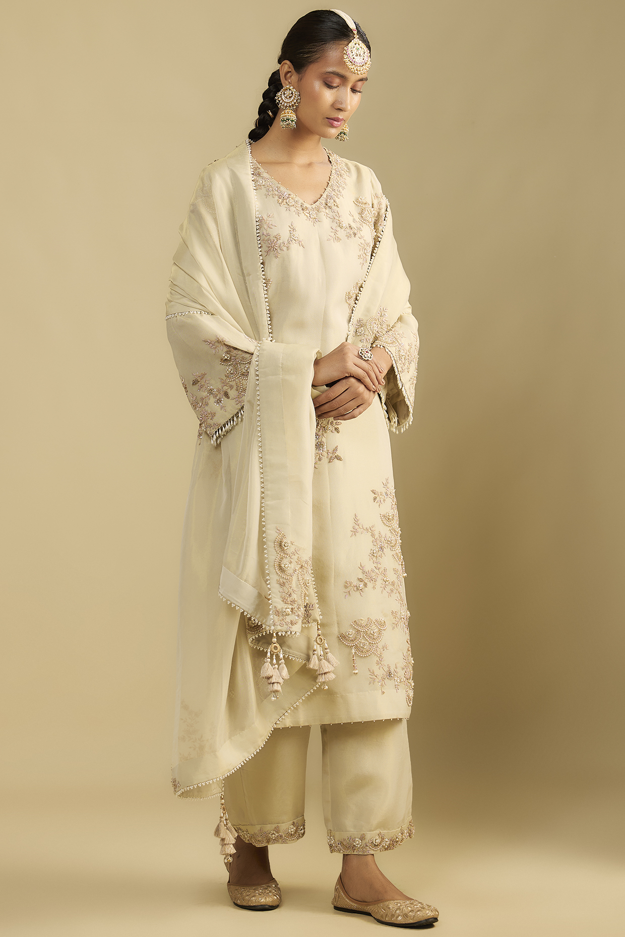 Ivory Shimmer Tissue Moti Embroidered A-Line Tunic Set by Jaya Rathore at Pernia's Pop Up Shop