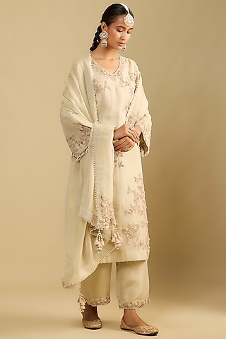 Ivory Shimmer Tissue Moti Embroidered A-Line Tunic Set by Jaya Rathore