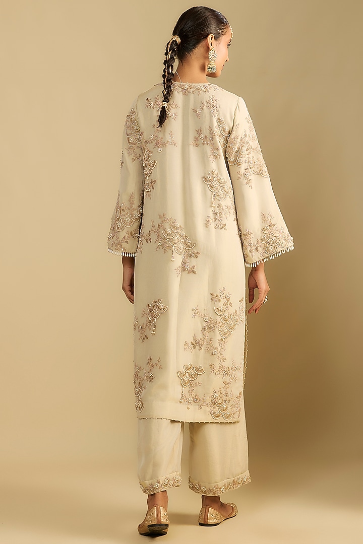 Ivory Shimmer Tissue Moti Embroidered A-Line Tunic Set by Jaya Rathore at Pernia's Pop Up Shop