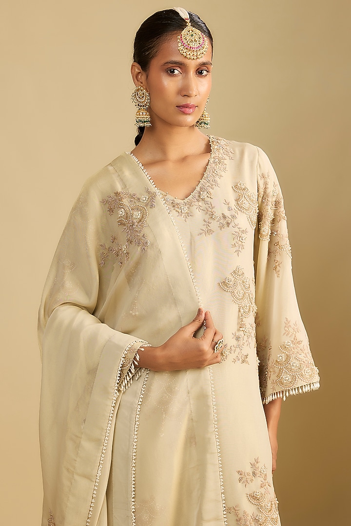 Ivory Shimmer Tissue Moti Embroidered A-Line Tunic Set by Jaya Rathore at Pernia's Pop Up Shop