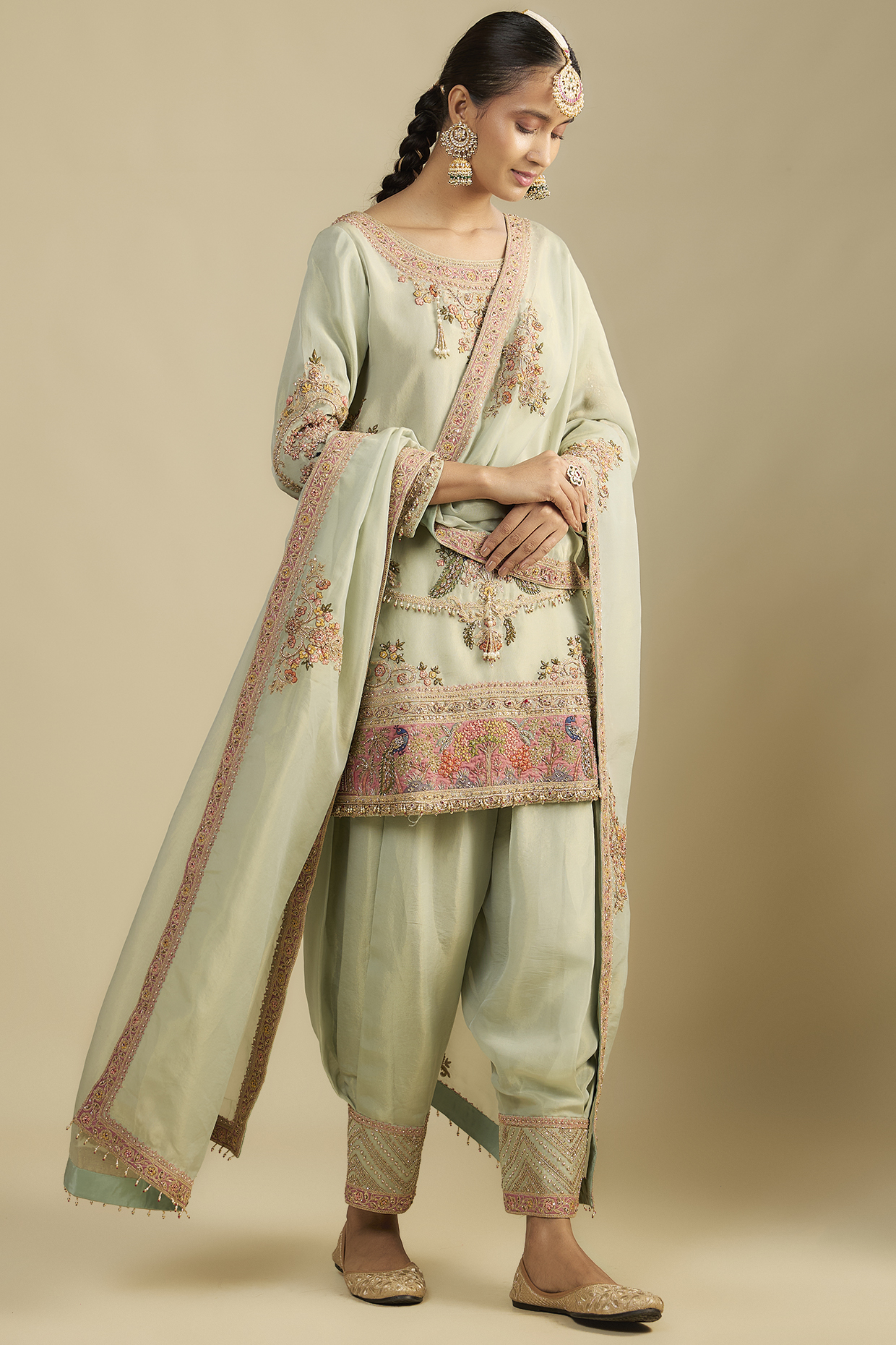 Mint Green Shimmer Tissue Motif Embroidered Tunic Set by Jaya Rathore at Pernia's Pop Up Shop