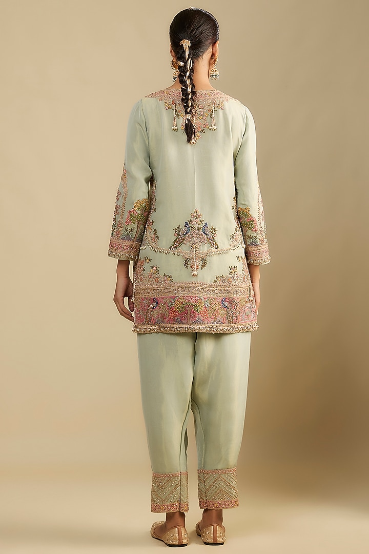 Mint Green Shimmer Tissue Motif Embroidered Tunic Set by Jaya Rathore at Pernia's Pop Up Shop