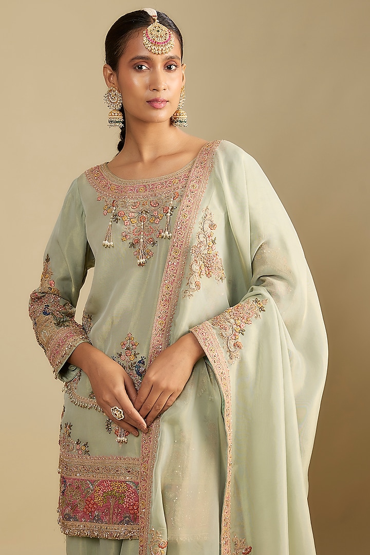 Mint Green Shimmer Tissue Motif Embroidered Tunic Set by Jaya Rathore at Pernia's Pop Up Shop