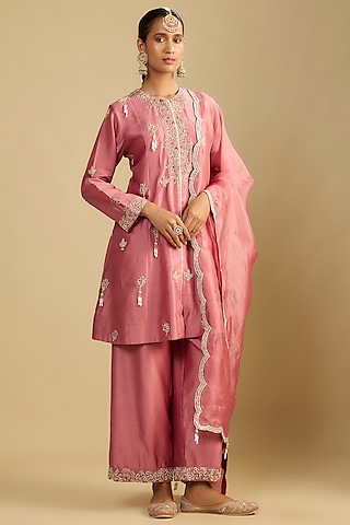 Onion Pink Chanderi Silk Thread Work Tunic Set by Jaya Rathore