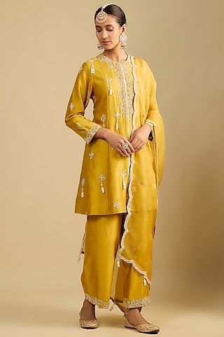 Mustard Chanderi Silk Thread Work Tunic Set by Jaya Rathore
