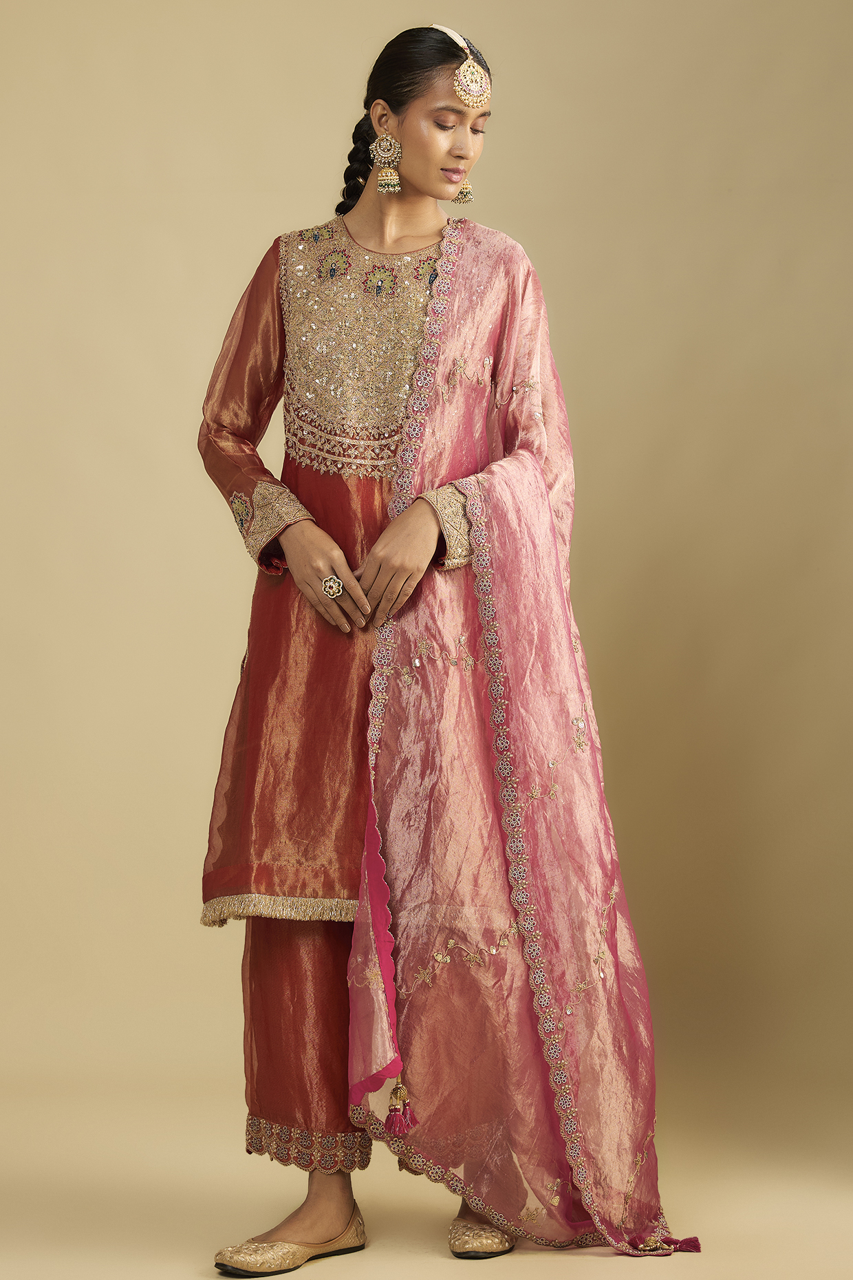 Red Tissue Embroidered Tunic Set by Jaya Rathore at Pernia's Pop Up Shop