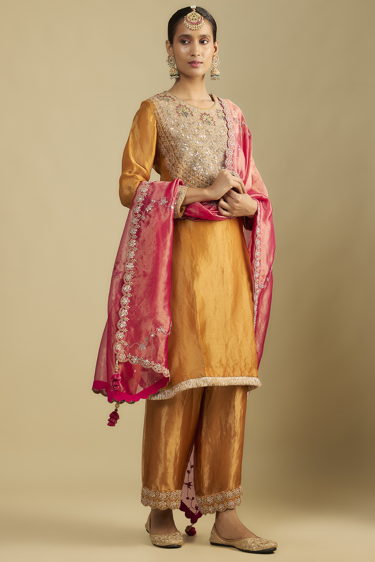 Mustard Tissue Embroidered Tunic Set by Jaya Rathore at Pernia's Pop Up Shop
