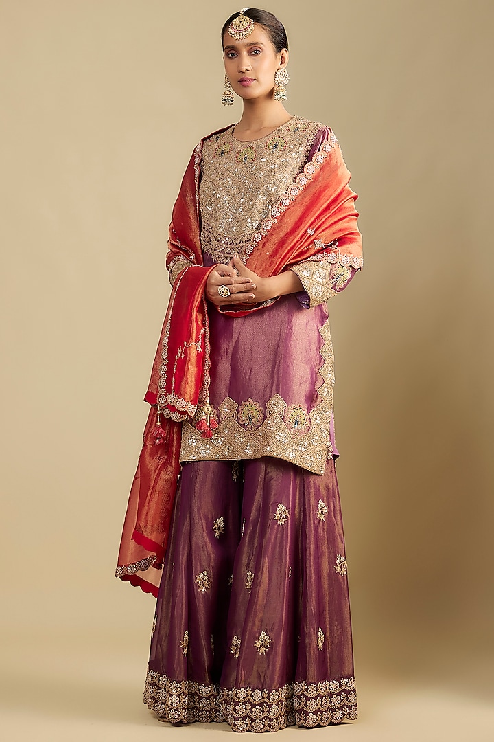 Purple Tissue Embroidered Bridal Sharara Set by Jaya Rathore at Pernia's Pop Up Shop