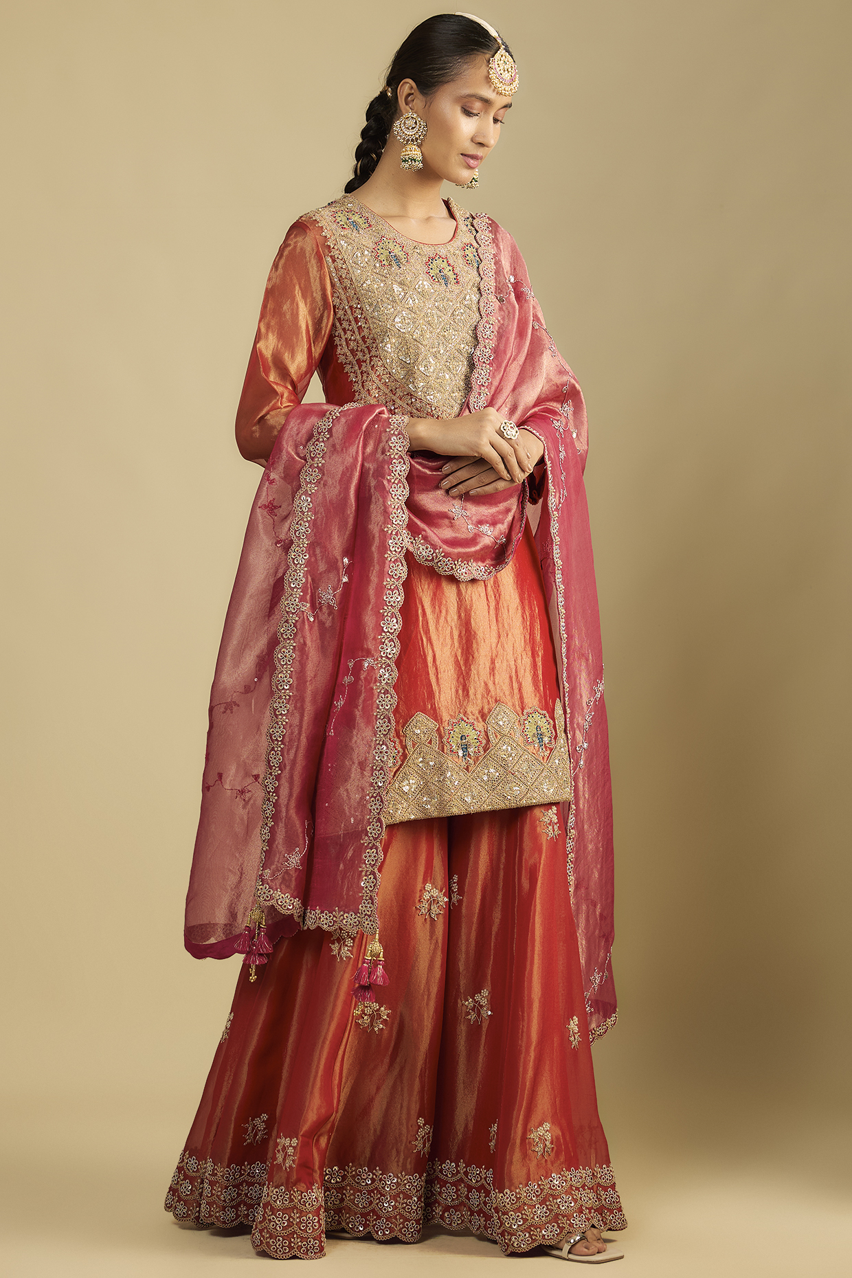 Red Tissue Embroidered Bridal Sharara Set by Jaya Rathore at Pernia's Pop Up Shop