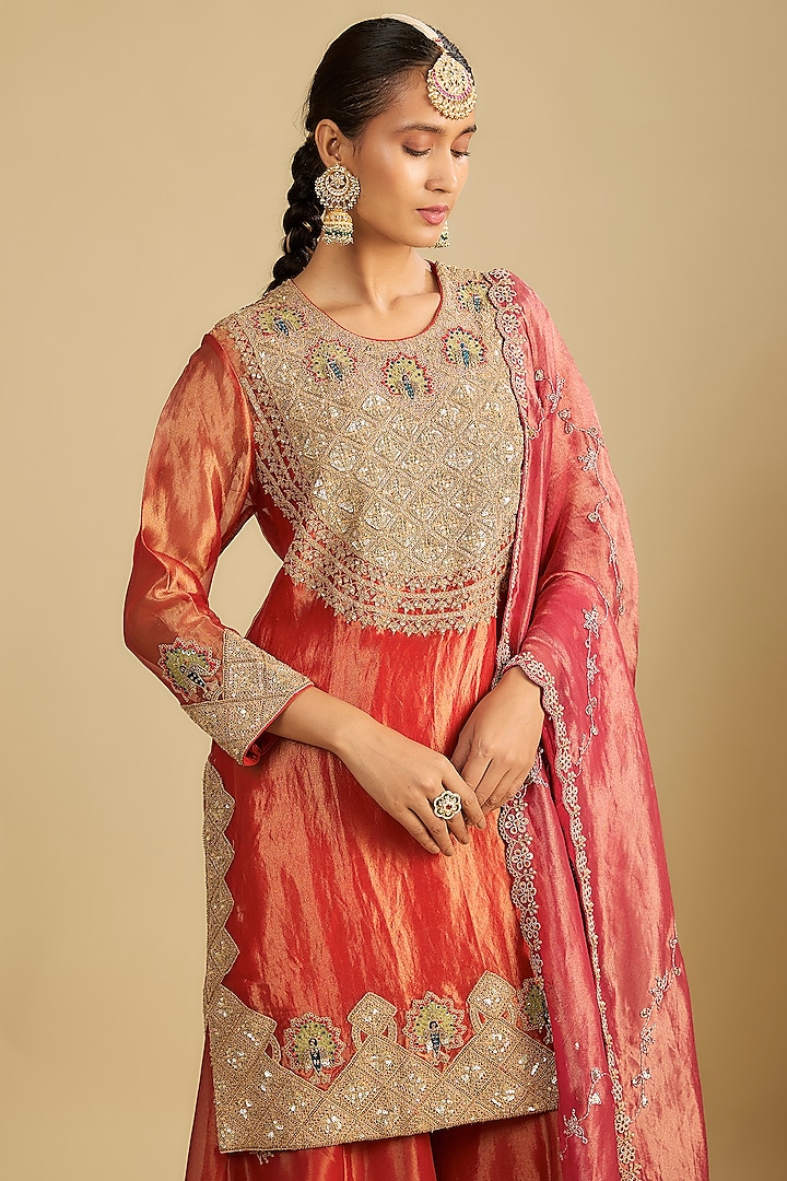 Red Tissue Embroidered Bridal Sharara Set by Jaya Rathore at Pernia's Pop Up Shop