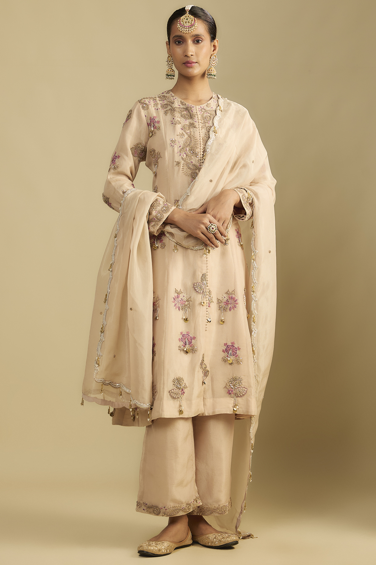 Peach Shimmer Tissue Thread & Pearl Embroidered Tunic Set by Jaya Rathore at Pernia's Pop Up Shop