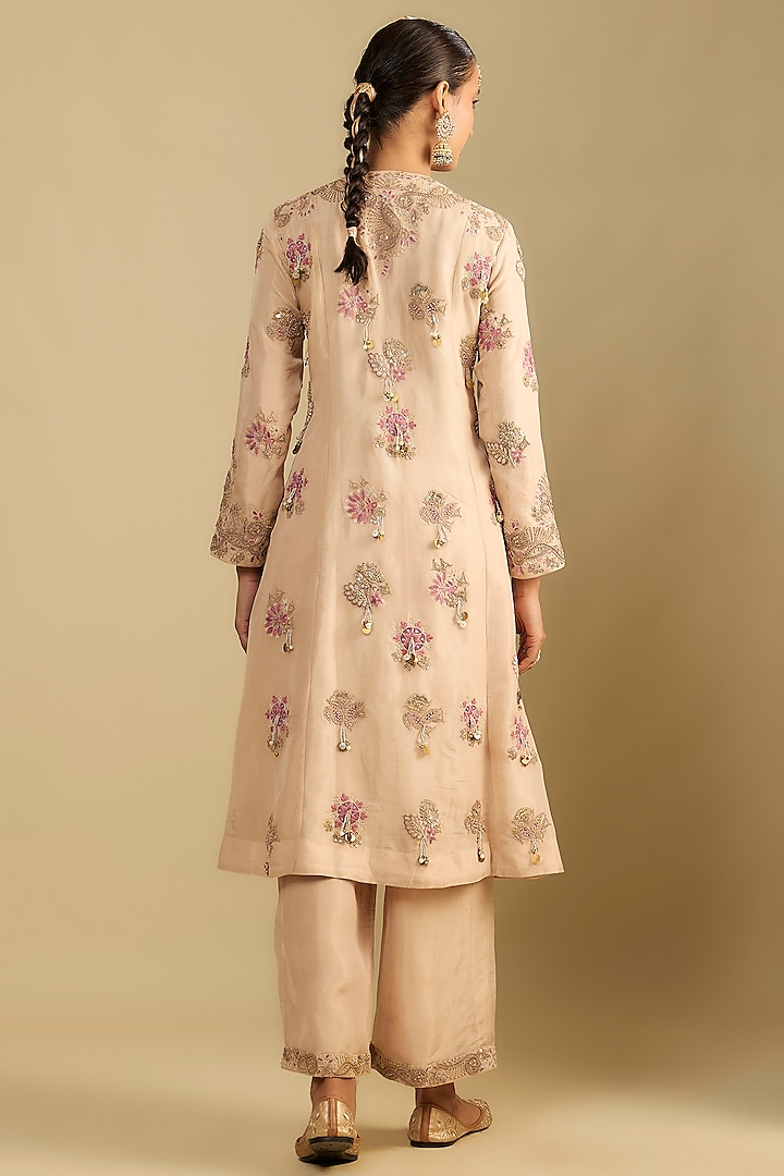 Peach Shimmer Tissue Thread & Pearl Embroidered Tunic Set by Jaya Rathore at Pernia's Pop Up Shop