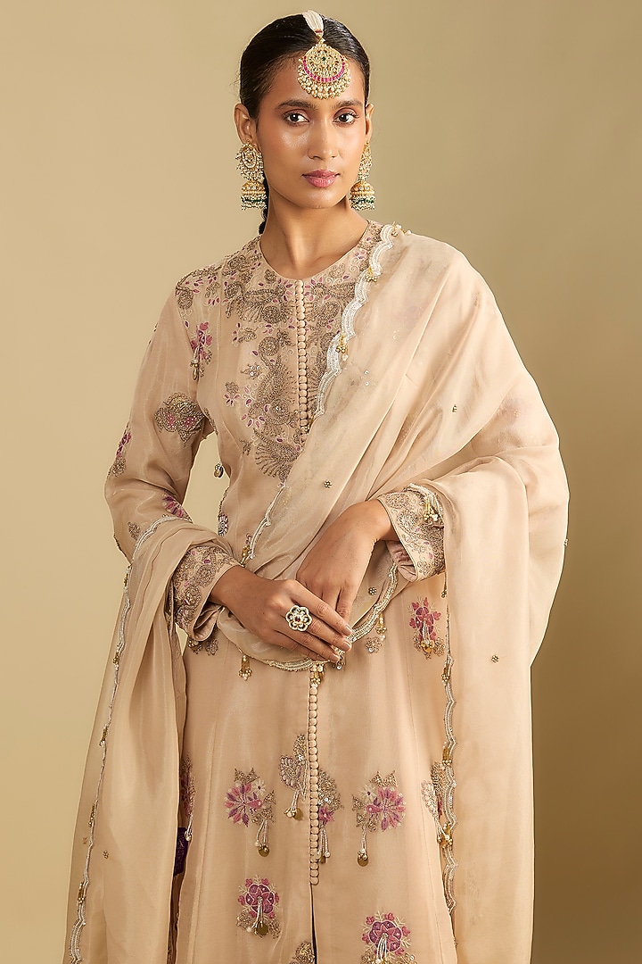 Peach Shimmer Tissue Thread & Pearl Embroidered Tunic Set by Jaya Rathore at Pernia's Pop Up Shop