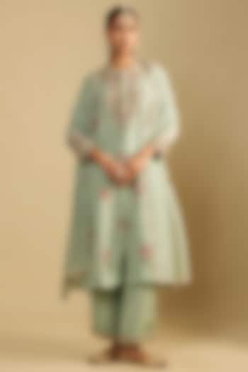 Wash Blue Shimmer Tissue Thread & Pearl Embroidered Tunic Set by Jaya Rathore at Pernia's Pop Up Shop