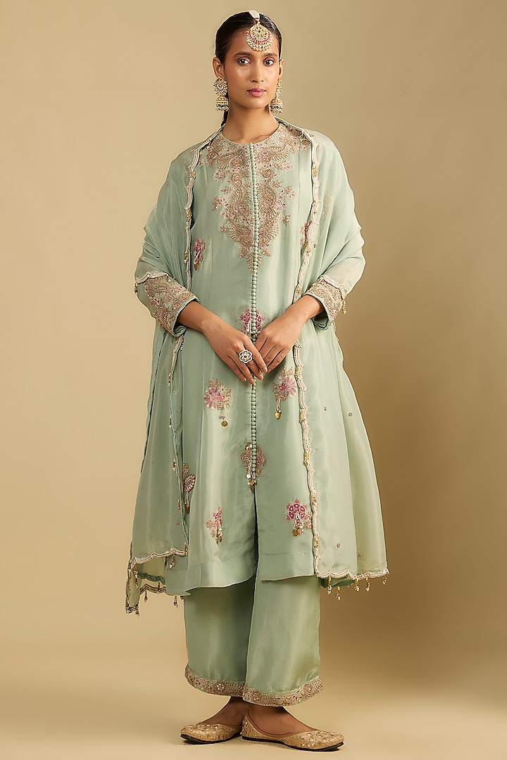 Wash Blue Shimmer Tissue Thread & Pearl Embroidered Tunic Set by Jaya Rathore at Pernia's Pop Up Shop