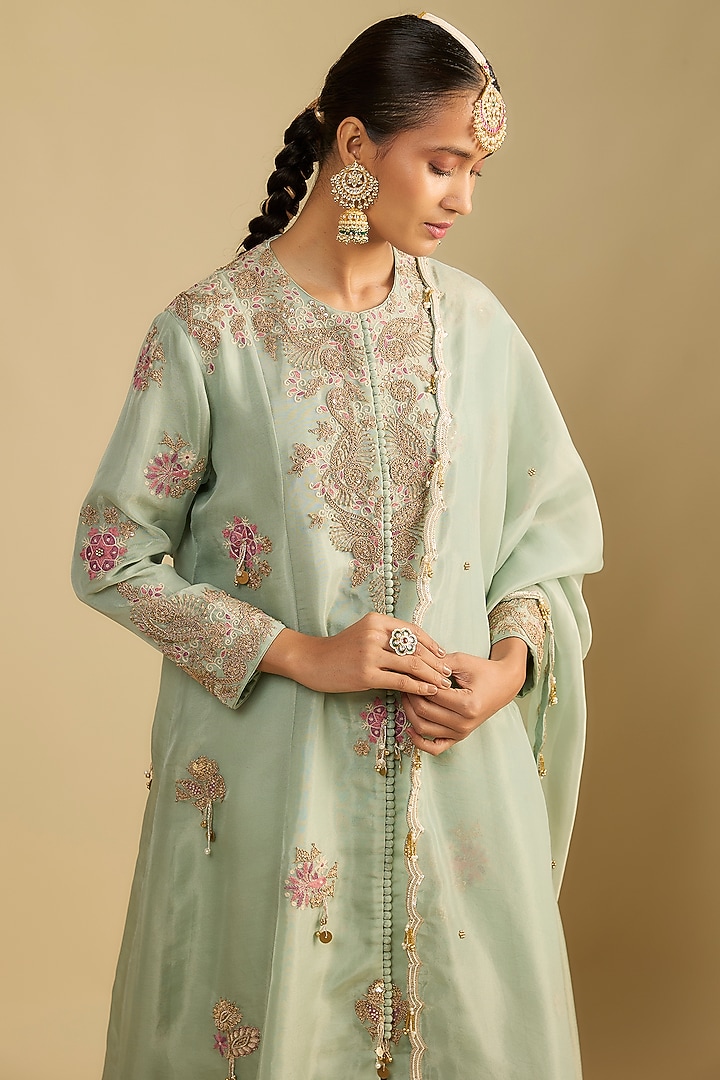 Wash Blue Shimmer Tissue Thread & Pearl Embroidered Tunic Set by Jaya Rathore at Pernia's Pop Up Shop