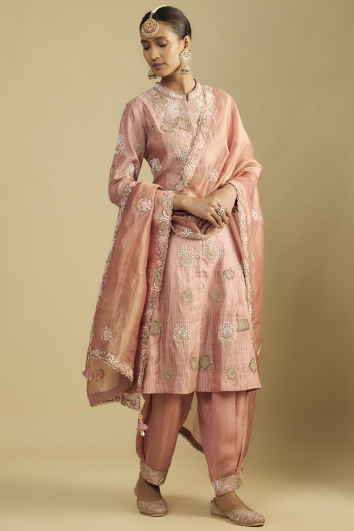 Peach Handloom Silk Dori & Pearl Embroidered Tunic Set by Jaya Rathore at Pernia's Pop Up Shop