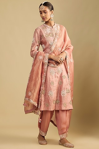 Peach Handloom Silk Dori & Pearl Embroidered Tunic Set by Jaya Rathore