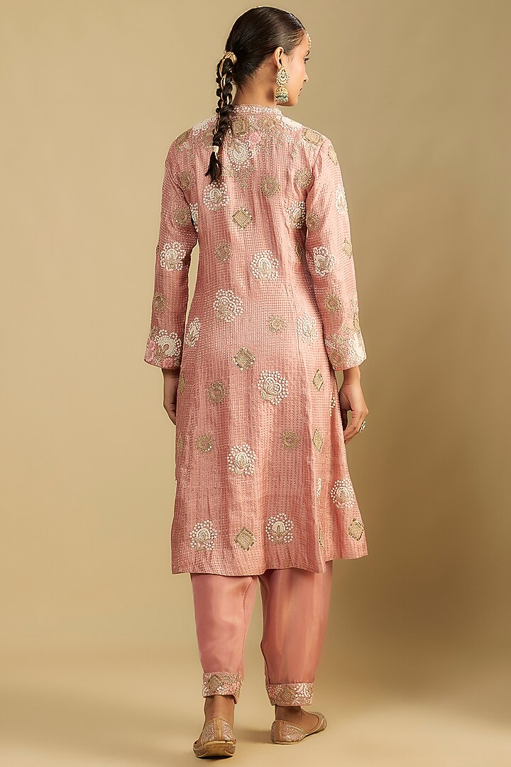 Peach Handloom Silk Dori & Pearl Embroidered Tunic Set by Jaya Rathore at Pernia's Pop Up Shop
