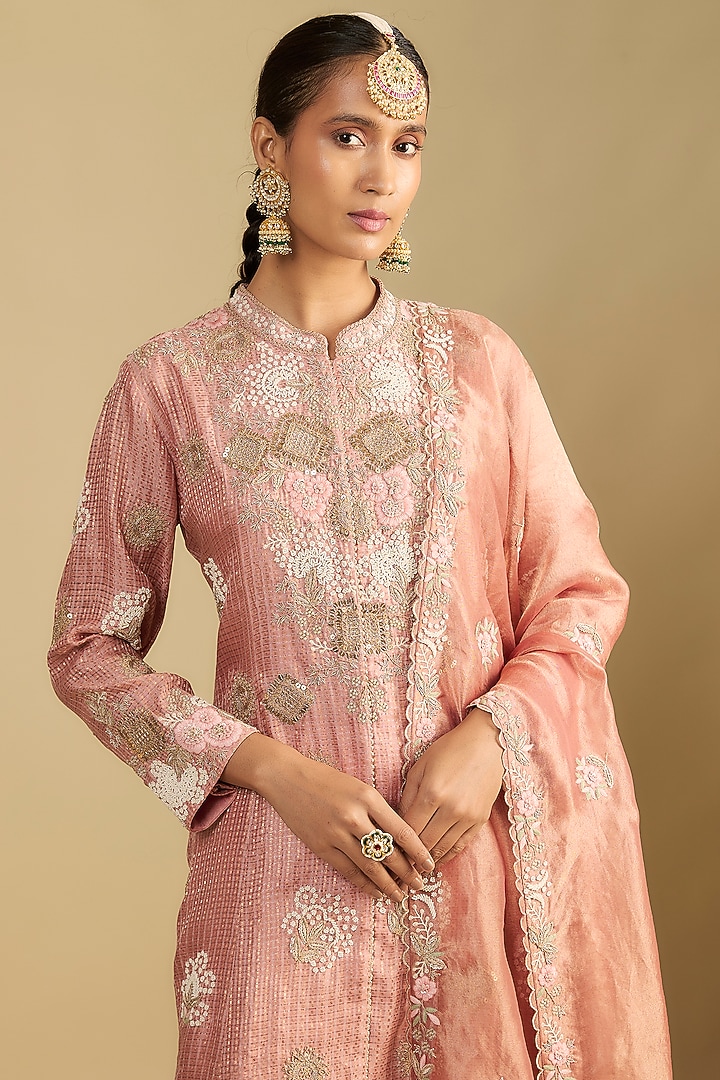 Peach Handloom Silk Dori & Pearl Embroidered Tunic Set by Jaya Rathore at Pernia's Pop Up Shop