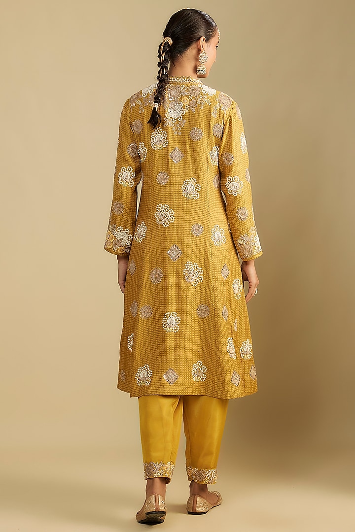 Mustard Handloom Silk Dori & Pearl Embroidered Tunic Set by Jaya Rathore at Pernia's Pop Up Shop