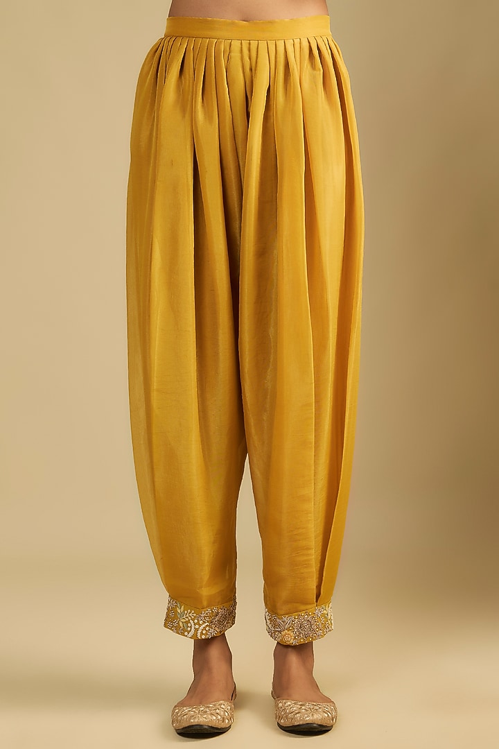 Mustard Handloom Silk Dori & Pearl Embroidered Tunic Set by Jaya Rathore at Pernia's Pop Up Shop