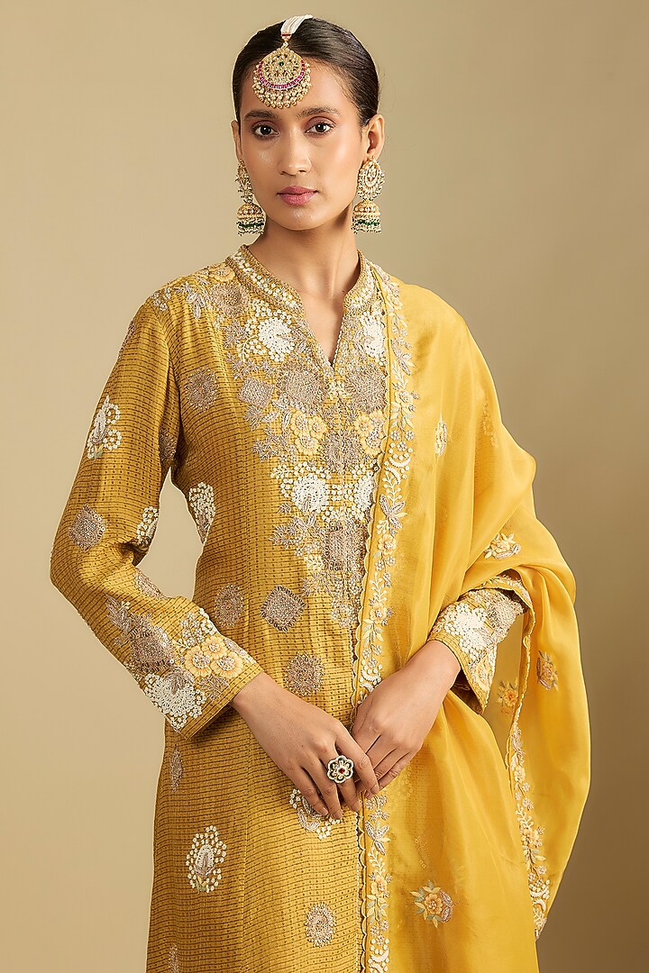 Mustard Handloom Silk Dori & Pearl Embroidered Tunic Set by Jaya Rathore at Pernia's Pop Up Shop