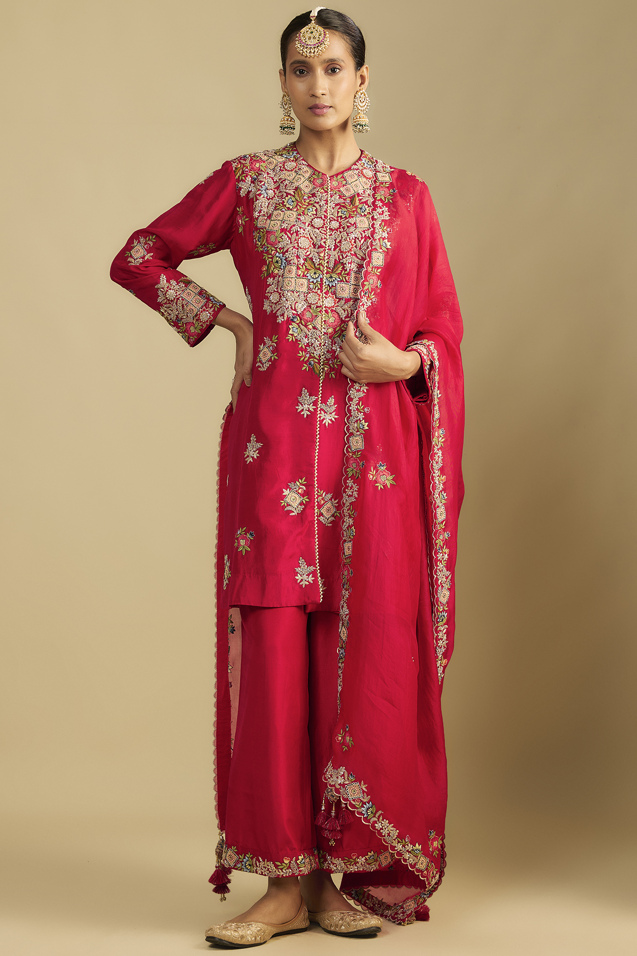 Red Silk Thread Embroidered Tunic Set by Jaya Rathore at Pernia's Pop Up Shop