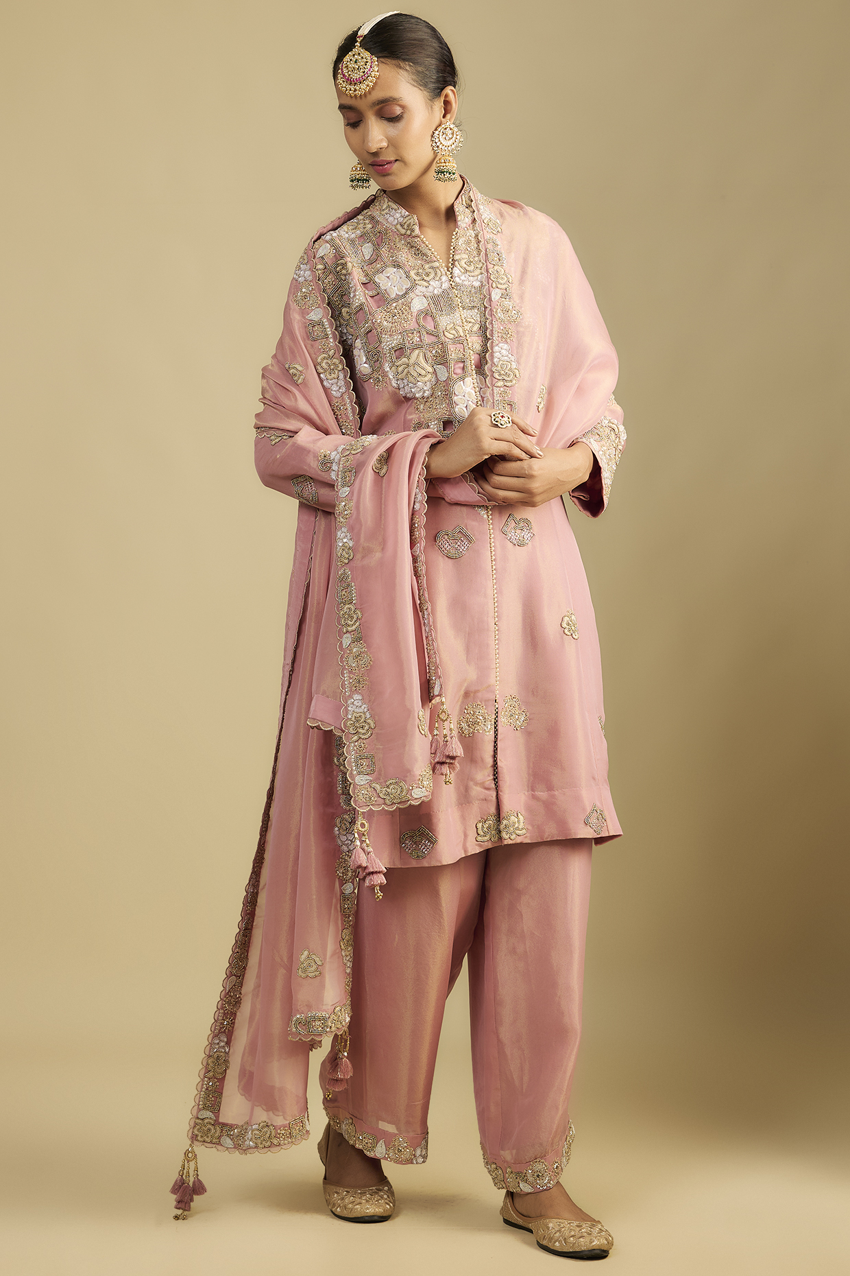 Onion Pink Shimmer Tissue Cutwork Embroidered Tunic Set by Jaya Rathore at Pernia's Pop Up Shop