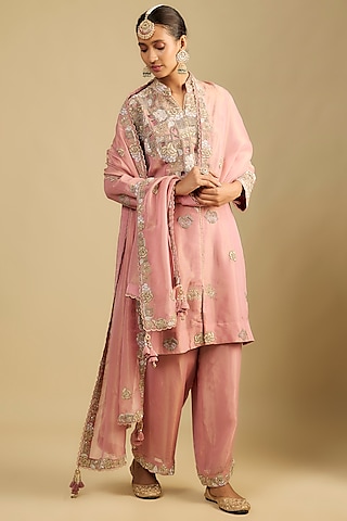 Onion Pink Shimmer Tissue Cutwork Embroidered Tunic Set by Jaya Rathore