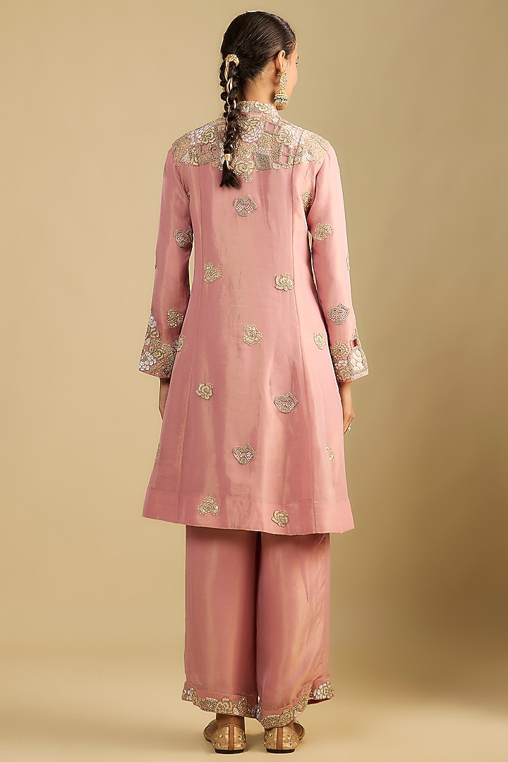 Onion Pink Shimmer Tissue Cutwork Embroidered Tunic Set by Jaya Rathore at Pernia's Pop Up Shop
