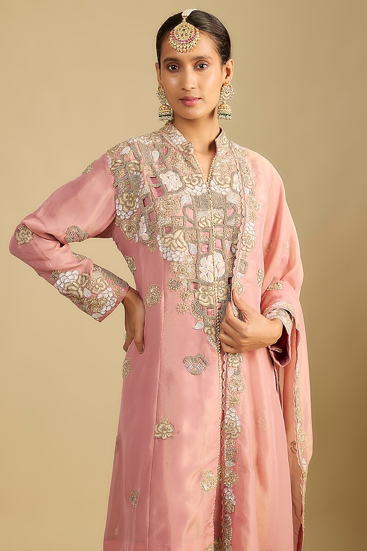 Onion Pink Shimmer Tissue Cutwork Embroidered Tunic Set by Jaya Rathore at Pernia's Pop Up Shop
